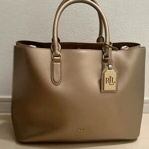 Lauren Ralph Lauren Leather Tote Olive Gold Large